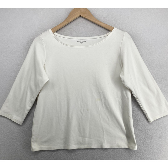 Eileen Fisher Tops - EILEEN FISHER Top M Cotton Interlock Jersey Boat Neck 3/4 Sleeve White